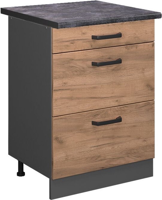 Küchenunterschrank R-Line, Goldkraft Eiche, 60 cm mit Schubladen, ap Anthrazit Vicco