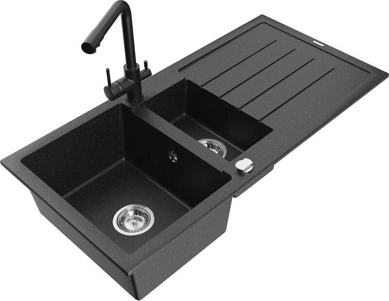 Andres 1,5-Becken-Granitspüle mit Abtropffl√§che und Mischbatterie Duero, Schwarz/Silber - 6515-73-671600-70 - Mexen