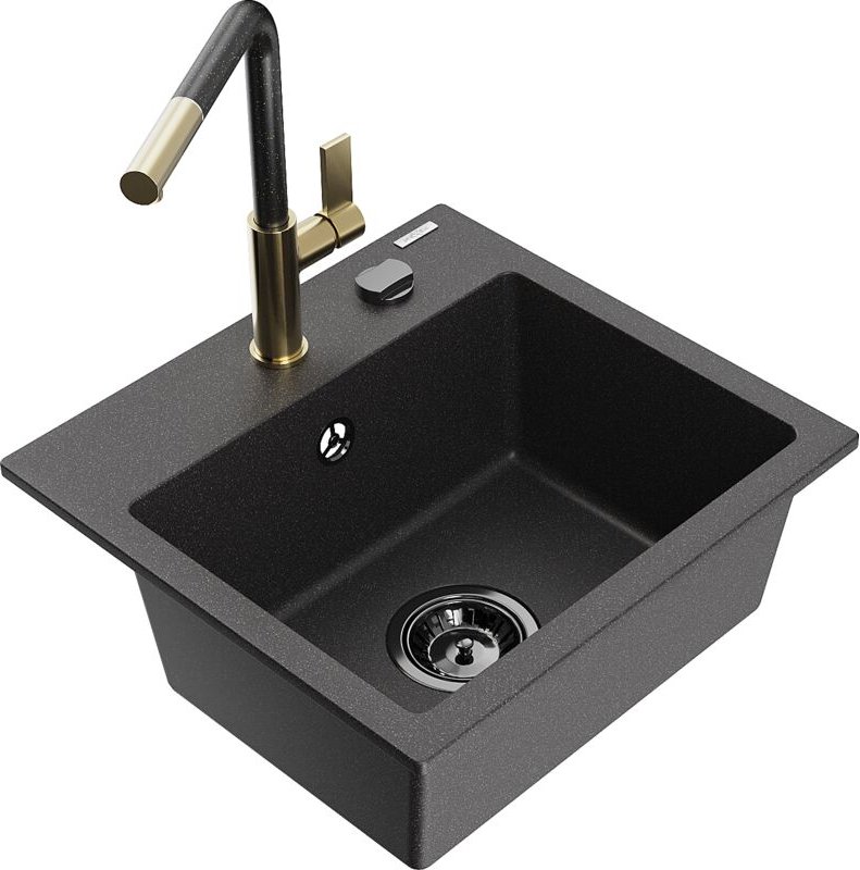 Thumbnail - Mexen Milo 1-Becken-Granitspüle mit Mischbatterie Flora, Schwarz gesprenkelt - 6505-76-670401-75-B