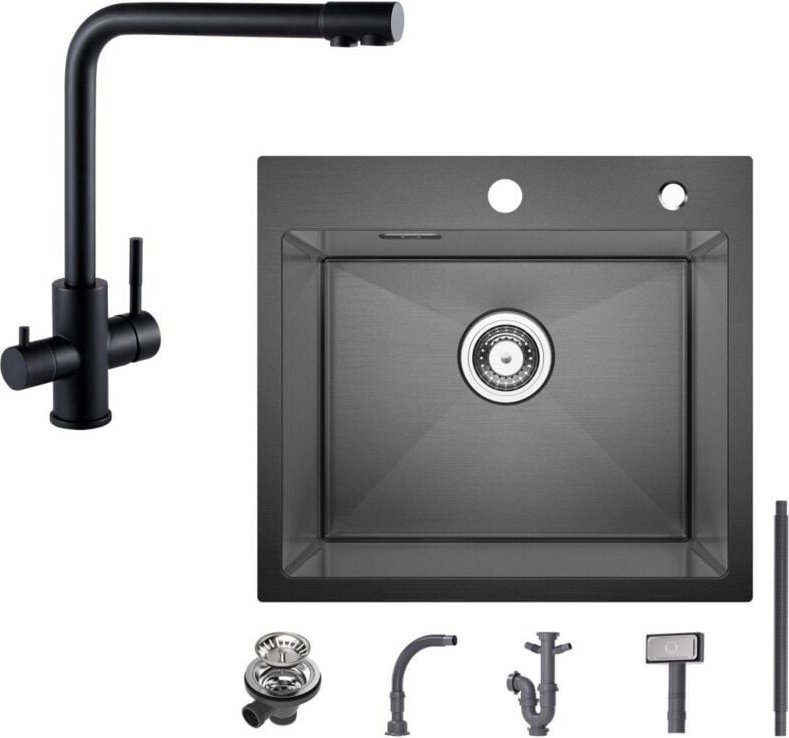 Spülbecken mit 1 Becken 50×45CM Edelstahlspüle Anthrazitschwarz + Schwarz Küchenarmatur 3 in 1 Spültischarmatur, Höhe 34...