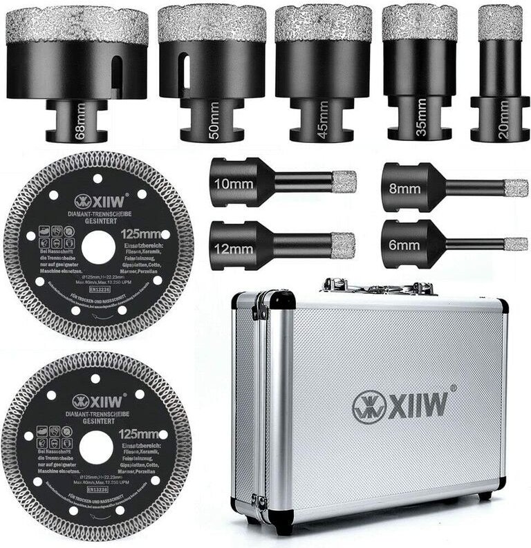 11tlg Fliesenbohrer M14 x 10mm Diamant Bohrkrone 6-68mm + 125mm Trennscheibe Für Winkelschleifer Lochsäge Set Fliesen Gr...