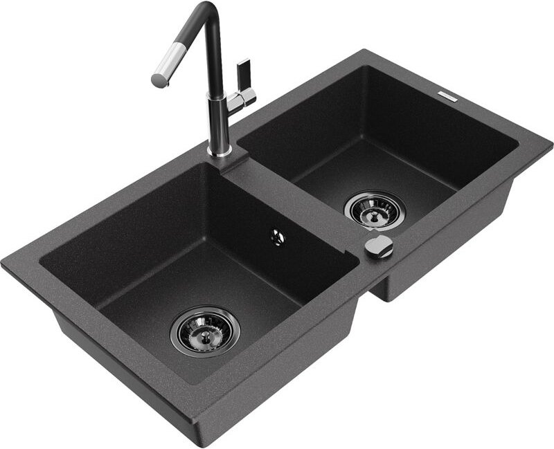 Mexen Mario 2-Becken-Granitspüle mit Mischbatterie Flora, Schwarz gesprenkelt - 6504-76-670401-07-B