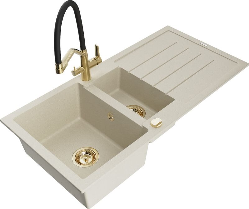 Mexen Andres 1,5-Becken-Granitspüle mit Abtropffläche und Mischbatterie Duo, Beige - 6515-69-671701-