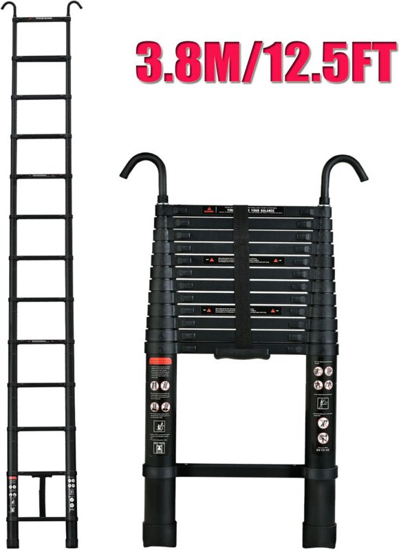 3,8M /12.5ft Teleskopleiter mit Haken, Aluminium Ausziehleiter Rutschfester Klappleiter Mehrzweckleiter aus Hochwertiges...