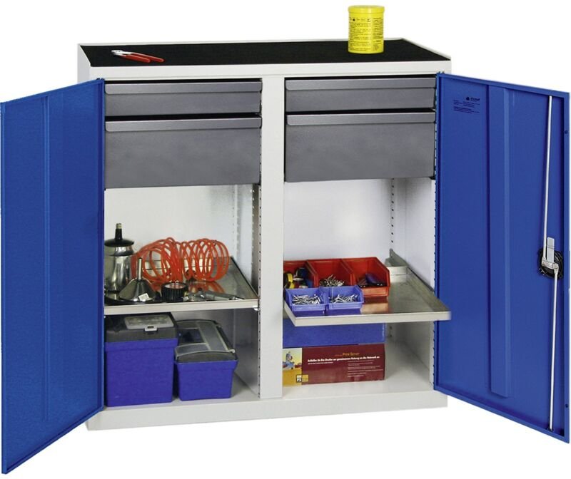 Werkzeug- und Materialschrank Serie 3000 lichtgrau / enzianblau + 2 Schubladen 100 mm + 2 Schubladen 200 mm + 2 Auszugsb...