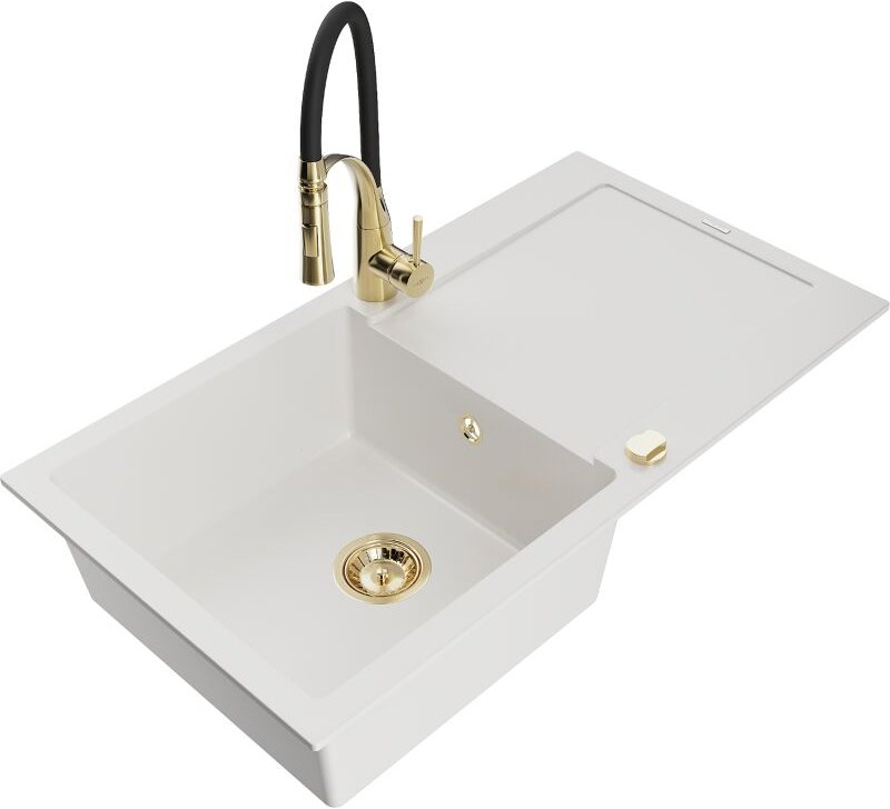 Mexen Leo 1 Becken-Granitspüle mit Abtropffläche und Mischbatterie Aster, Weiß - 6501-20-73450-57-G