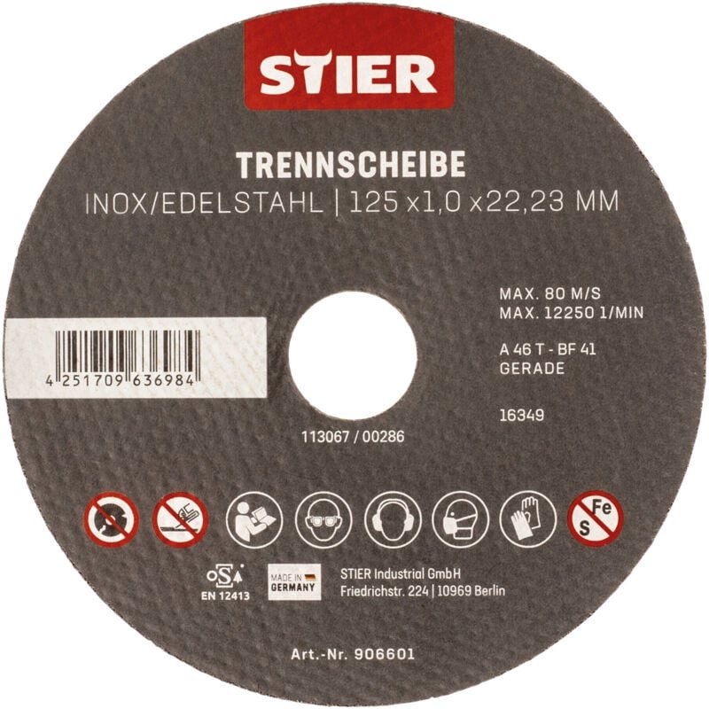 Trennscheibe Edelstahl 125 x 1,0 x 22,23 mm, Form gerade 10 Stk - Stier