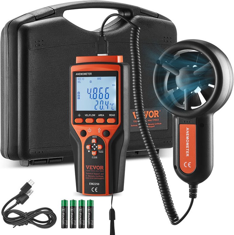 Vevor 4-in-1 Anemometer 100,8MPH Luftgeschwindigkeitsmesser 168x75x36mm Windmesser IP44 Windmessgerät Windstärkemesser