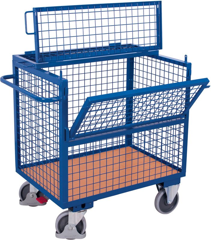 VARIOfit Holzkastenwagen fest verschweißt mit Deckel und halb abklappbarer Längswand 975x680mm