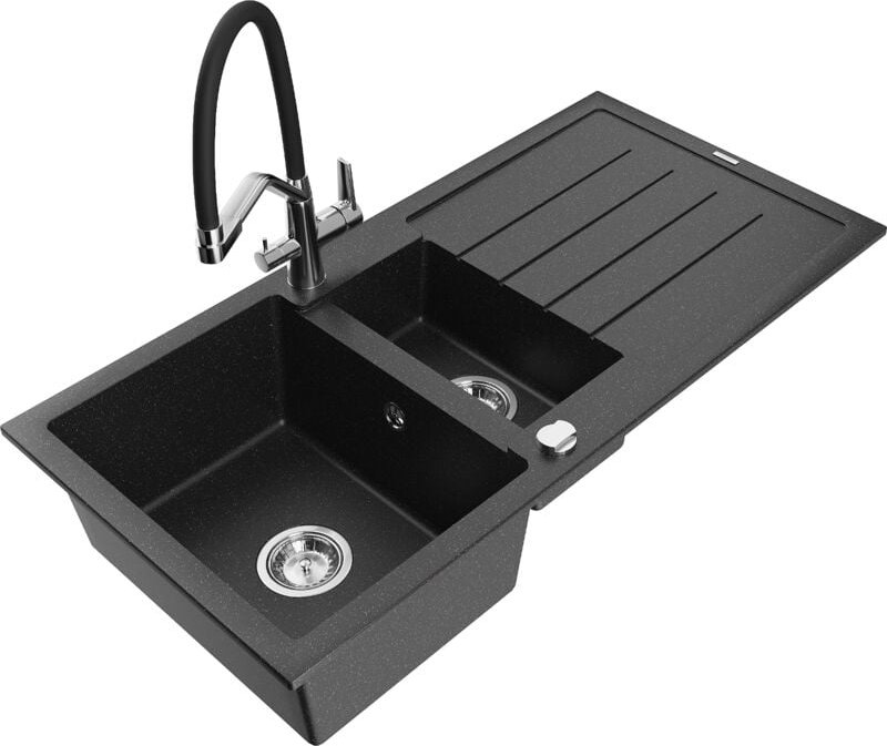 Andres 1,5-Becken-Granitspüle mit Abtropffläche und Mischbatterie Duo, Schwarz/Silbermetallic - Mexen