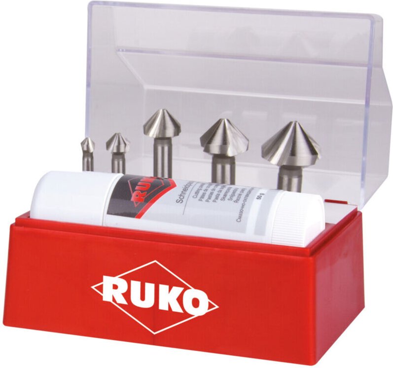 Kegel- und Entgratsenker-Satz 6tlg. din 335 Form c 90° HSSE-Co 5 ø 6,3 - 25 mm + Schneidpaste 50 ml in Kunststoffkassett...