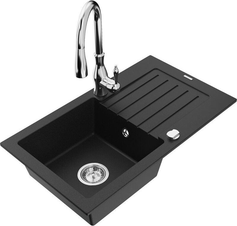 Pablo 1 Becken-Granitspüle mit Abtropffläche und Mischbatterie Savita, Schwarz - 6510-77-67260 - Mexen