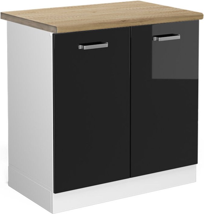 Vicco - Spülenunterschrank R-Line, Schwarz Hochglanz, 80 cm , ap Eiche