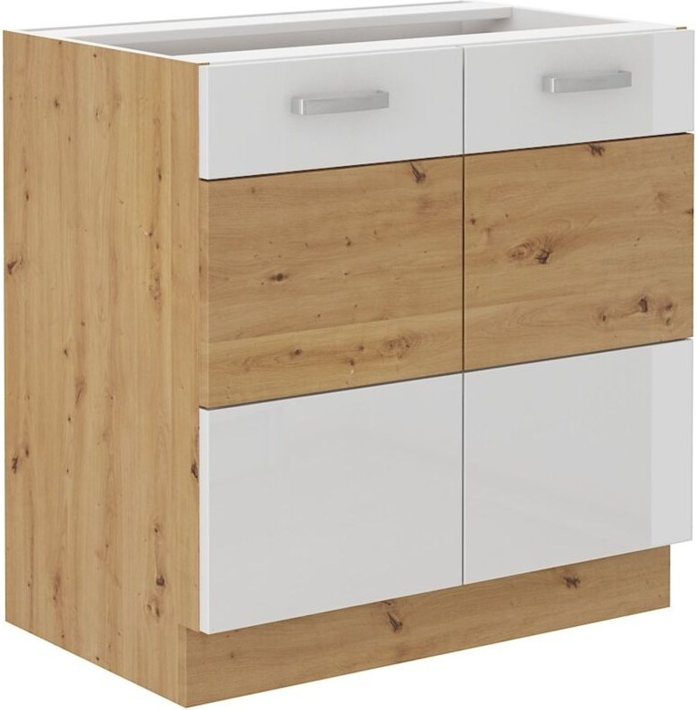 Küchen Preisbombe - Unterschrank 80 cm Eiche Artisan + Weiß Hochglanz Küchenzeile Küchenblock Küche