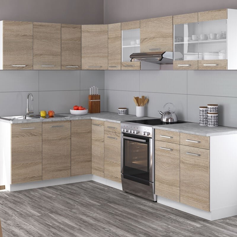 Vicco - Eckküche Rick, Weiß/Sonoma, 267 x 167 cm , ap Marmor