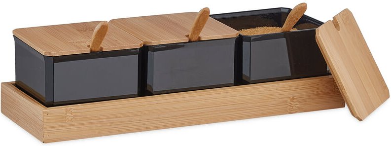 Relaxdays Gewürzbehälter 3er Set, Gewürzdosen mit Löffel & Deckel, Kunststoff, Bambus, Zuckerdosen mit Tablett, schwarz