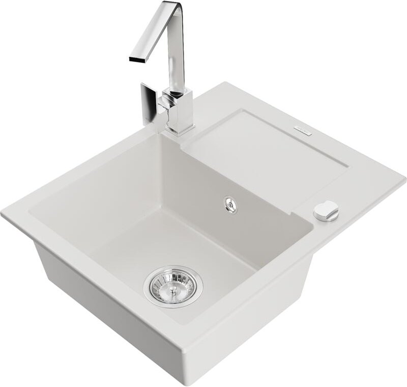 Mexen Enzo 1 Becken-Granitspüle mit Abtropffläche und Mischbatterie Rita, Weiß - 6506-20-670300-00