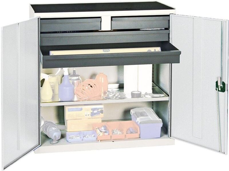 Werkzeug- und Materialschrank Serie 3000 lichtgrau + 2 Schubladen 100 mm + 2 Schubladen 100 mm durchgehend + 1 Auszugsbo...