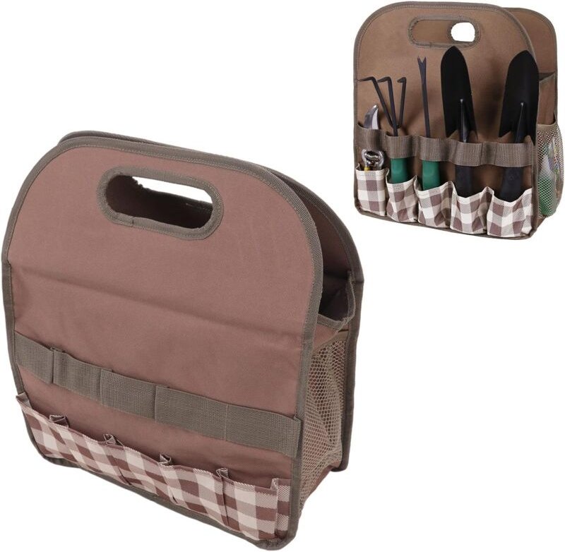 Gartenwerkzeugtasche aus 600D-Oxford-Stoff mit großem Fassungsvermögen (Braun mit Karomuster)