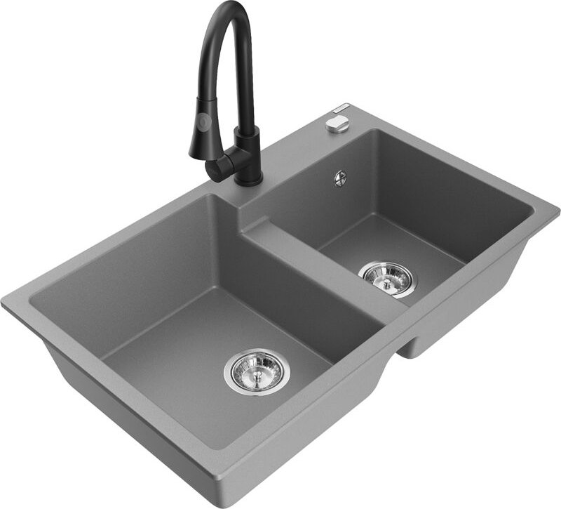 Mexen Tomas 2-Becken-Granitspüle mit Mischbatterie Elia, Grau - 6516-71-670101-70