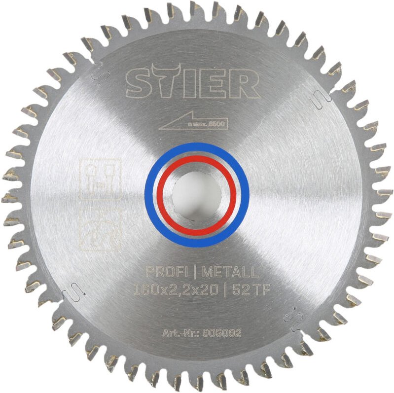 Kreissägeblatt Profi Metall, 160 x 2,2 x 20mm, -5° neg. Spanwinkel, 52 gehärtete Zähne, Trapezflachzahn - Stier