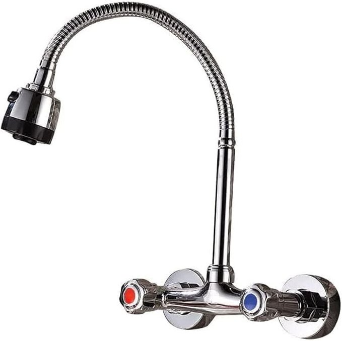 Wasserhahn Küche 360 ° Drehbare, Auslauf Wandmontage Mischbatterie Küchenarmatur Gebürstetes Nickel Kalt Heiß Einhebelmi...