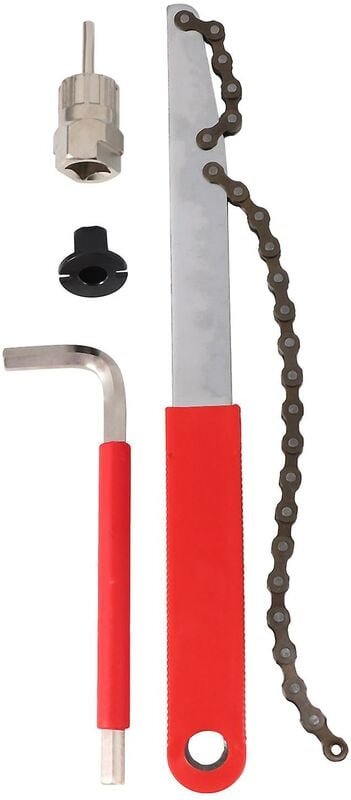 Werkzeug zum Entfernen der Fahrradkassette mit Kettenpeitsche und Hilfsschlüssel. Werkzeuge zum Entfernen des Fahrradket...