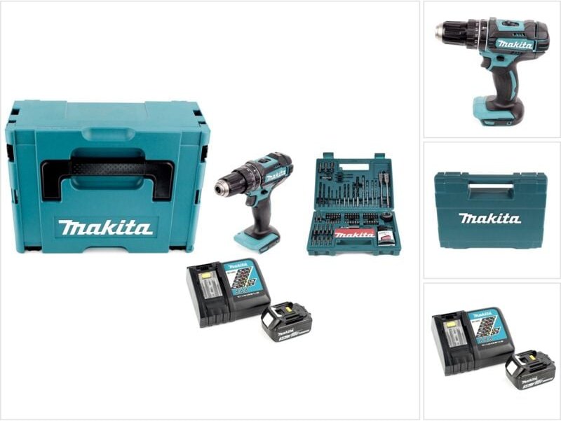 Makita - dhp 482 RF1J Akku Schlagbohrschrauber 18V 62Nm im Makpac + 3,0 Ah Akku + Ladegerät + Bit & Bohrer-Set 100-teili...