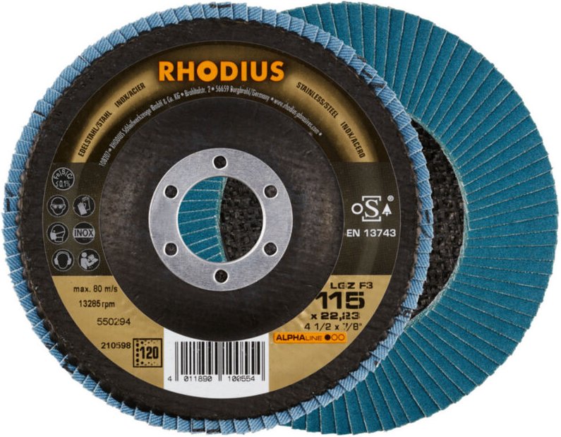Thumbnail - RHODIUS LGZ F3, 10 Stück, 115 mm, Korn 120, Fächerschleifscheibe