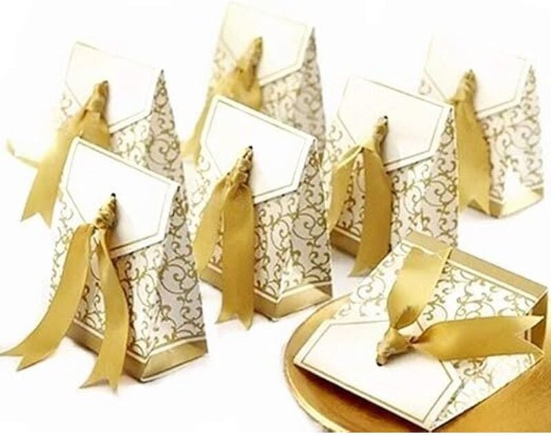 50 x Partyboxen aus goldenem Papier, Geschenkbox für Gastgeschenke, Süßigkeiten, Konfetti, Geschenke und Schmuck für Hoc...