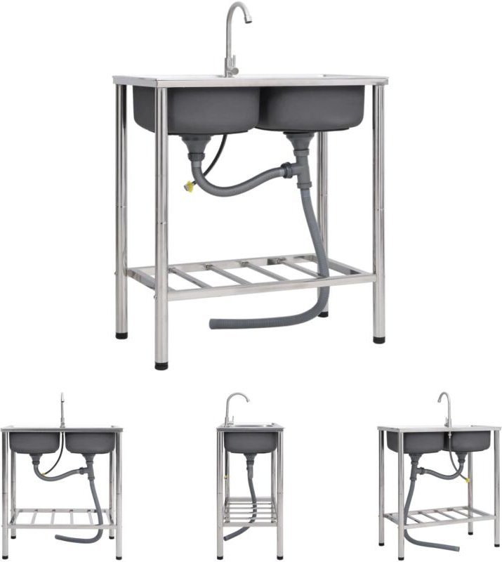The Living Store Camping-Spüle mit Doppelbecken und Wasserhahn Edelstahl - Küchenspülen & Spülbecken - Silber