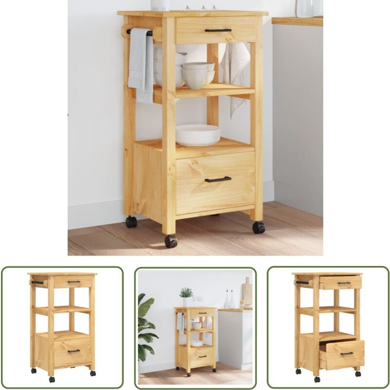 The Living Store Küchenwagen MONZA 48x40x90 cm Massivholz Kiefer - Holz Küchenwagen - Küchenschrank - Vintage Möbel - Kü...