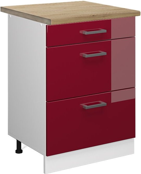 Thumbnail - Küchenunterschrank R-Line, Bordeaux Hochglanz, 60 cm mit Schubladen, ap Eiche Vicco