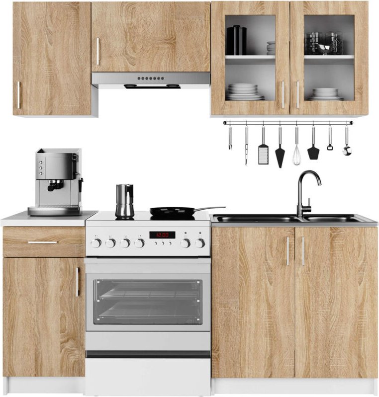 Thumbnail - Akord - Küchenmöbel-Set lima 1.8m Modulares Weiß 180 cm 7 Türen 1 Schublade Front Sonoma Eiche 8 Regalböden B180xH203xT4...