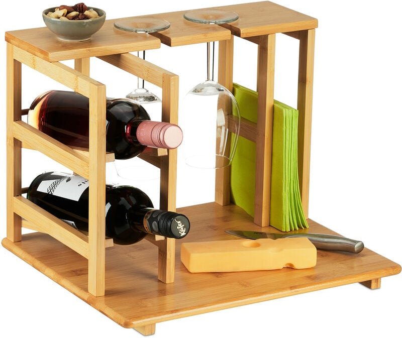 Relaxdays - Käseplatte Bambus, HxBxT: 26,5 x 40,5 x 33 cm, Käseschneidebrett mit Weinhalterung, Serviettenhalter, natur