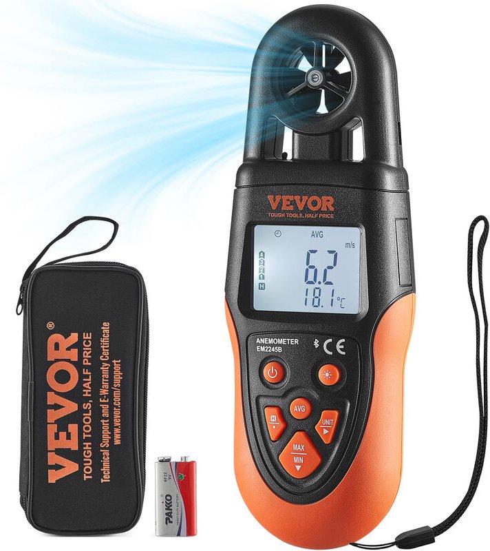 Anemometer 78,4MPH Luftgeschwindigkeitsmesser 191x67x43mm Windmesser IP44 Windmessgerät Windstärkemesser MAX/MIN/AVG/CU-...