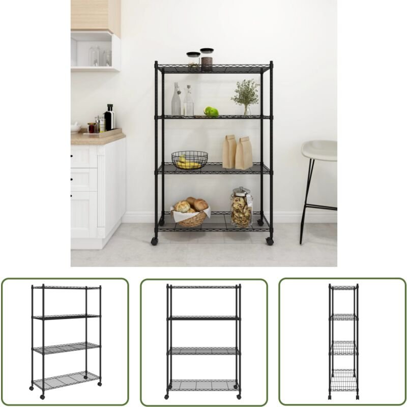 Lagerregal mit 4 Böden und Rollen 90x35x142 cm Schwarz 200 kg - Lagerregal - Industrieregals - Metallregal - Werkzeugsch...