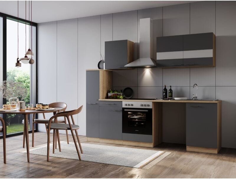 Thumbnail - Küche Küchenzeile für Unterbau Waschmaschine Eiche Grau Merle 250 cm Respekta