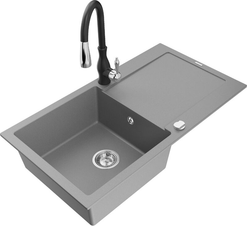 Leo 1 Becken-Granitspüle mit Abtropffläche und Mischbatterie Savita, Grau - 6501-71-672601-70 - Mexen