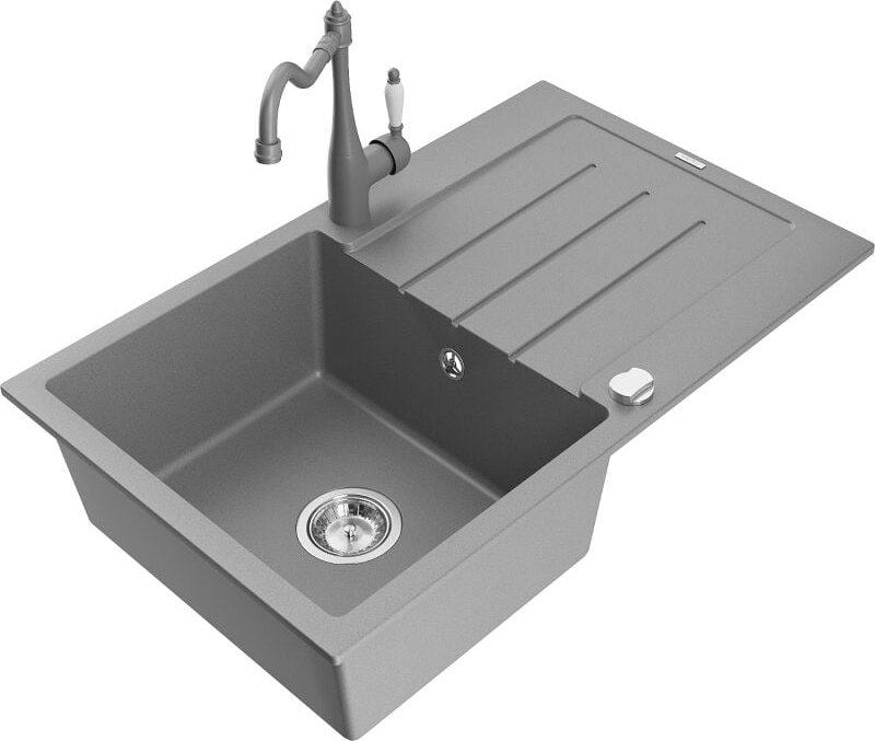 Bruno 1 Becken-Granitspüle mit Abtropffl√§che und Mischbatterie Carla, Grau - 6513-71-670700-71 - Mexen