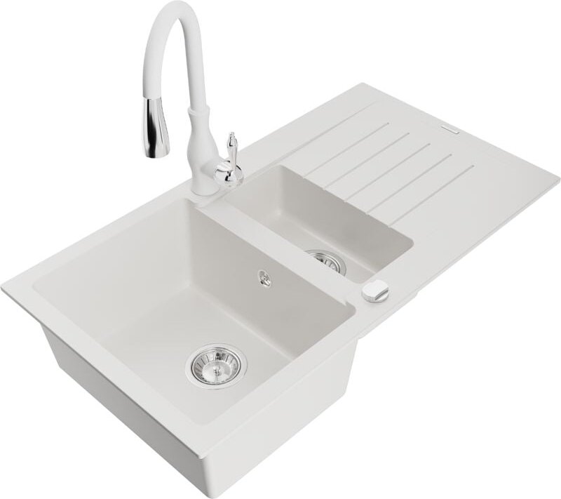 Matias 1,5-Becken-Granitspüle mit Abtropffläche und Mischbatterie Savita, Weiß - 6502-20-67260 - Mexen