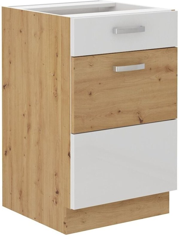 Küchen Preisbombe - Unterschrank 50 Eiche Artisan + Weiß Hochglanz Küchenzeile Vollauszug Soft-Close