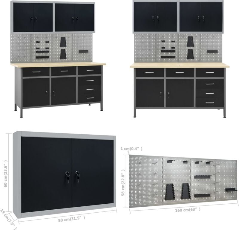 Vidaxl - Werkbank mit 4 Werkzeugwänden und 2 Wandschränken - Werkbank - Werkbänke - Home & Living - Schwarz