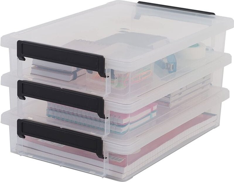 A4 Kunststoff-Aktenaufbewahrungsbox, 4L, 3er-Set, Transparent, Schnappverschlüsse, Papier und Dokumentenorganizer, Stape...