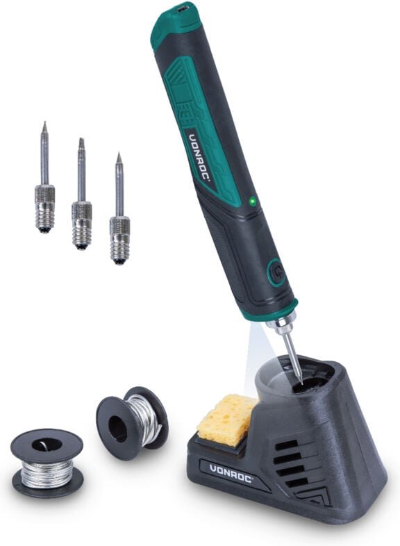 Lötkolben auf Batterie - Max. 450°C - 25 Sek. Aufheizzeit - Inkl. Halter mit Schwamm, Lötzinn und Spitzen
