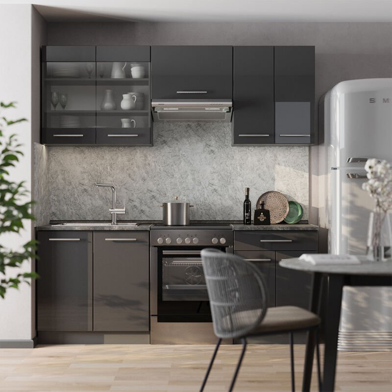 Küchenzeile Fame-Line, Anthrazit Hochglanz, 200 cm , AP Anthrazit, Vicco