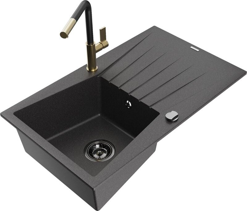 Cesar 1 Becken-Granitspüle mit Abtropffläche und Mischbatterie Flora, Schwarz gesprenkelt - 65 - Mexen