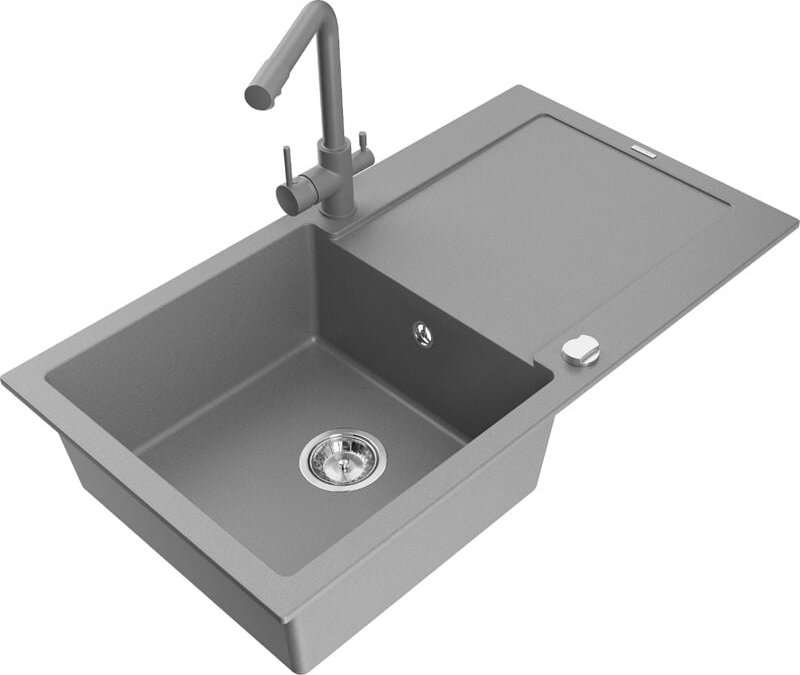 Leo 1 Becken-Granitspüle mit Abtropffläche und Mischbatterie Duero, Grau - 6501-71-671600-71 - Mexen