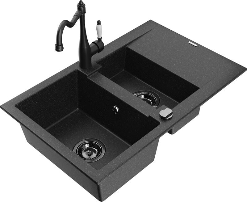 Gaspar 1,5-Becken-Granitspüle mit Abtropffläche und Mischbatterie Carla, Schwarz/Silber - 6507 - Mexen