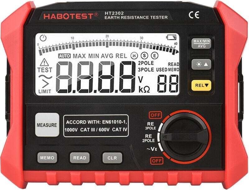 HABOTEST HT2302 Digitaler Erdungswiderstandstester 0 Ohm bis 4K Ohm, 100 Gruppen, Datenspeicherung, LCD-Display mit Hint...
